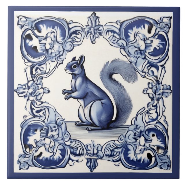 Azulejo Ardilla de madera marina de arte animal azul y bla (Frente)