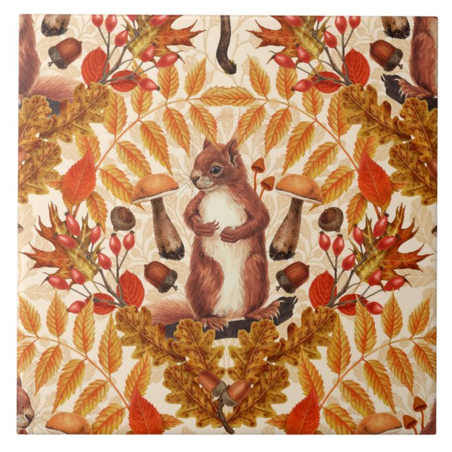 Azulejo Ardilla otoñal en blanco roto (Frente)