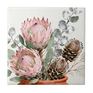 Azulejo Arreglo de Protea Eucalipto Acuarela