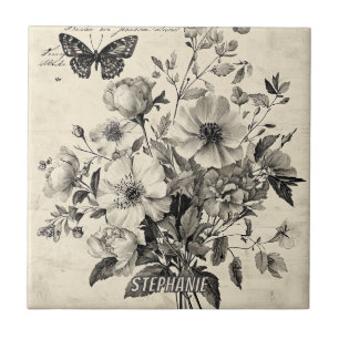 Azulejo Arreglo floral antiguo - Mariposa monocroma