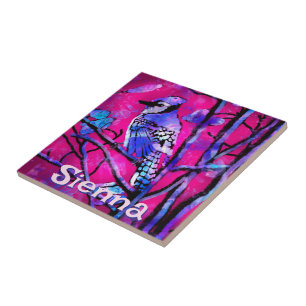 Azulejo Arrendajo Azul Rama de Árbol Personalizado Rosa