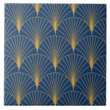Art Deco Abanicos Geométricos Dorados sobre Azul M