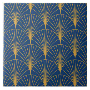 Azulejo Art Deco Abanicos Geométricos Dorados sobre Azul M