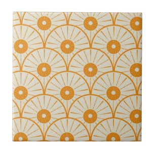 Azulejo Art Deco Abstracto Sol Naranja sobre Blanco