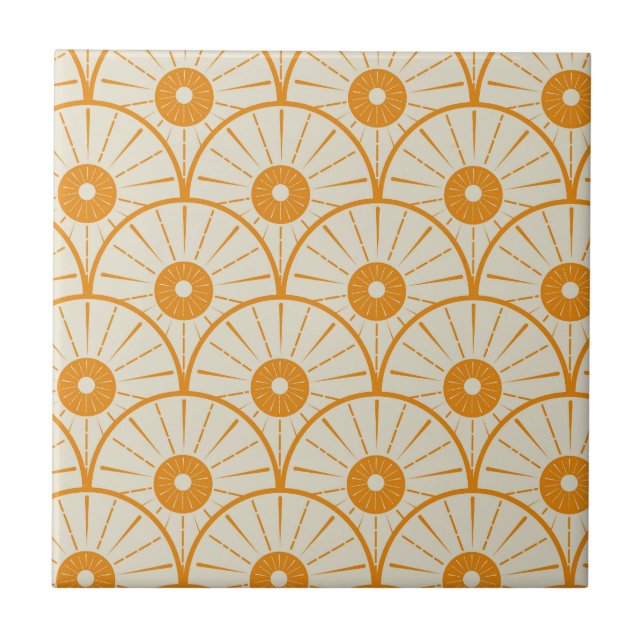 Azulejo Art Deco Abstracto Sol Naranja sobre Blanco  (Frente)