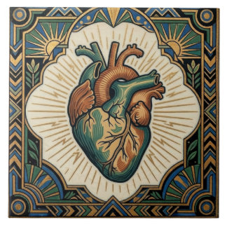 Azulejo Art Deco Anatomical Heart Teal Green Gold Design