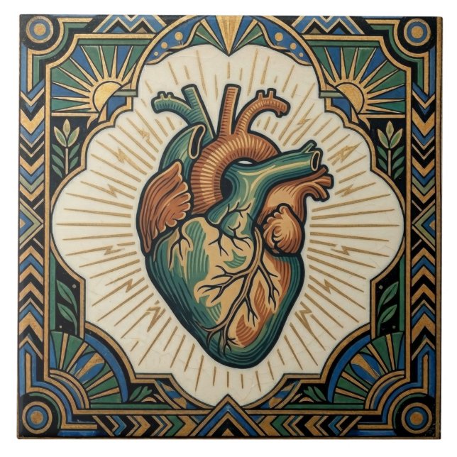 Azulejo Art Deco Anatomical Heart Teal Green Gold Design (Frente)