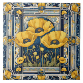 Azulejo Art Decó Art Nouveau Flores de amapola amarilla Az