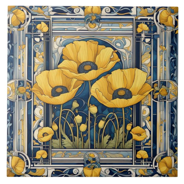 Azulejo Art Decó Art Nouveau Flores de amapola amarilla Az (Frente)