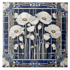 Azulejo Art Decó Art Nouveau Flores de amapola blanca Azul