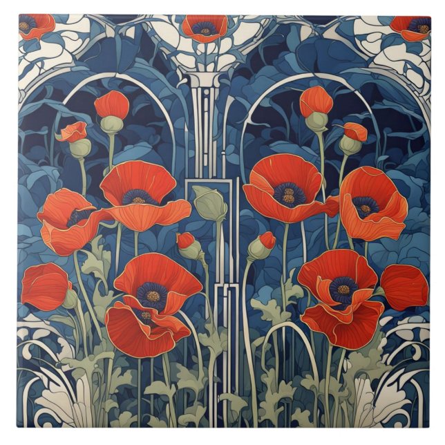 Azulejo Art Decó Art Nouveau Rojo Flores de amapola Azul (Frente)