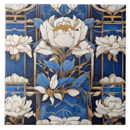 Azulejo Art Decó Art Nouveau White Peony Flor azul