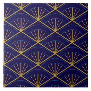 Azulejo Art Déco Azul Geométrico Dorado
