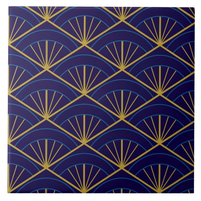 Azulejo Art Déco Azul Geométrico Dorado (Frente)