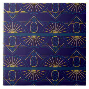 Azulejo Art Déco Azul Geométrico Dorado