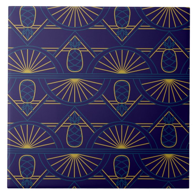 Azulejo Art Déco Azul Geométrico Dorado (Frente)
