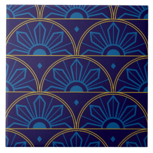 Azulejo Art Déco Azul Geométrico Dorado