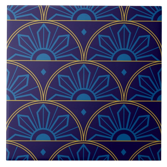 Azulejo Art Déco Azul Geométrico Dorado (Frente)