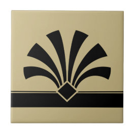 Azulejo Art Deco Beige Negro Flor Geométrica Elemento 06