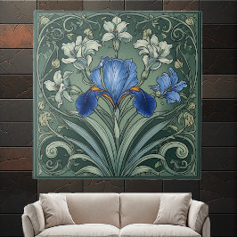 Azulejo  Art Deco Blue Iris Bloom Floral Motifs Botanical