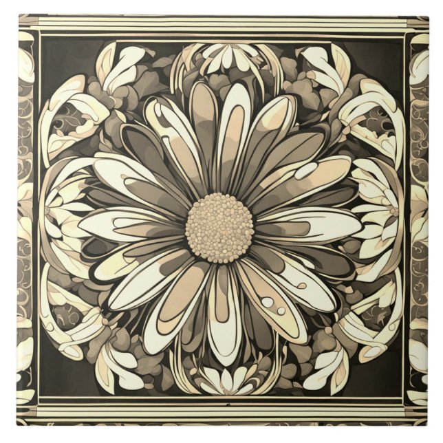 Azulejo Art Deco Daisy Flor Art Nouveau Beige & Gray (Frente)