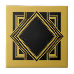Azulejo Art Deco Elemento cuadrado geométrico amarillo neg<br><div class="desc">Elegante color negro y mostaza amarillo dorado art deco estilo moda elemento cuadrado geométrico adorno de azulejos cerámicos decorativos. Diseño elegante, perfecto para una decoración moderna o de estilo Art Déco. Para otras combinaciones de colores, póngase en contacto con el diseñador.</div>