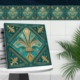 Azulejo Art Deco Fleur-de-lis - Aquamarine y Gold