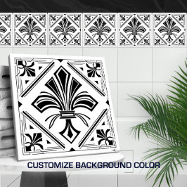 Azulejo Art Deco Fleur-de-lis - blanco y negro