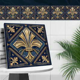 Azulejo Art Deco Fleur-de-lis - Mármol azul y oro