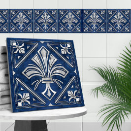 Azulejo Art Deco Fleur-de-lis - mármol azul y perla