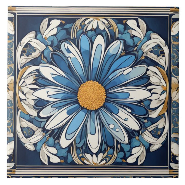 Azulejo Art Decó Flor azul y blanca de margarita Art Nouve (Frente)
