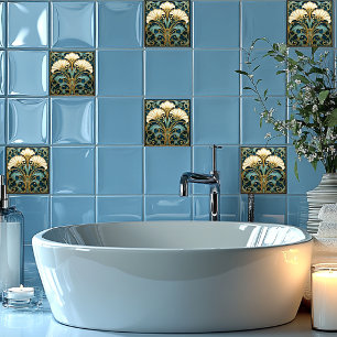 Azulejo Art Deco Flor Blanca Turquesa Azul Dorado