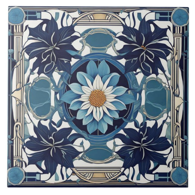Azulejo Art Deco Flor de margarita blanca Art Nouveau Azul (Frente)
