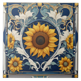 Azulejo Art Deco girasoles amarillos Art Nouveau Azul
