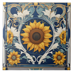 Azulejo Art Deco girasoles amarillos Art Nouveau Azul