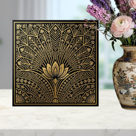 Azulejo Art Deco Gold Lotus Black Geometric Pattern
