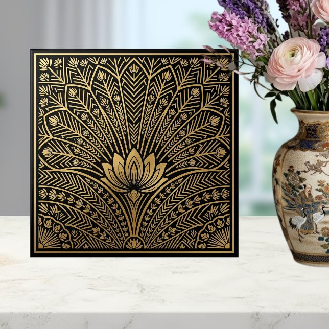 Azulejo Art Deco Gold Lotus Black Geometric Pattern (Subido por el creador)