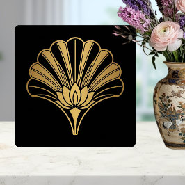 Azulejo Art Deco Gold Lotus Fan Black Ceramic Tile