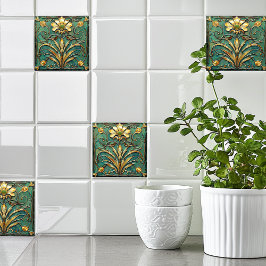 Azulejo Art Deco Hermoso Lily Turquoise Green Gold