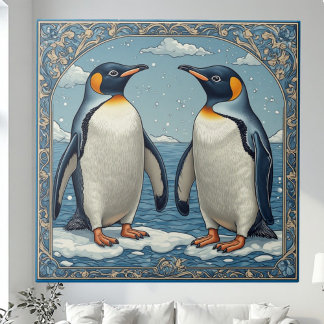 Azulejo Art Deco Ice Birds Pingüino Pareja Nieve Azul Océa