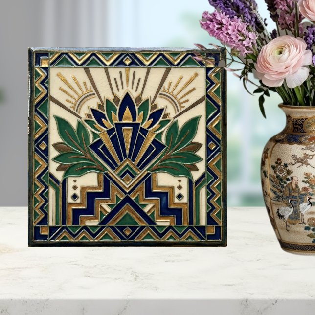 Azulejo Art Deco Lotus Floral Navy Blue Gold Green Pattern (Subido por el creador)