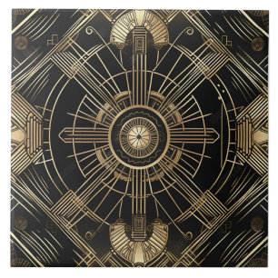Azulejo Art Deco Lujoso, Negro y Dorado, Geometría