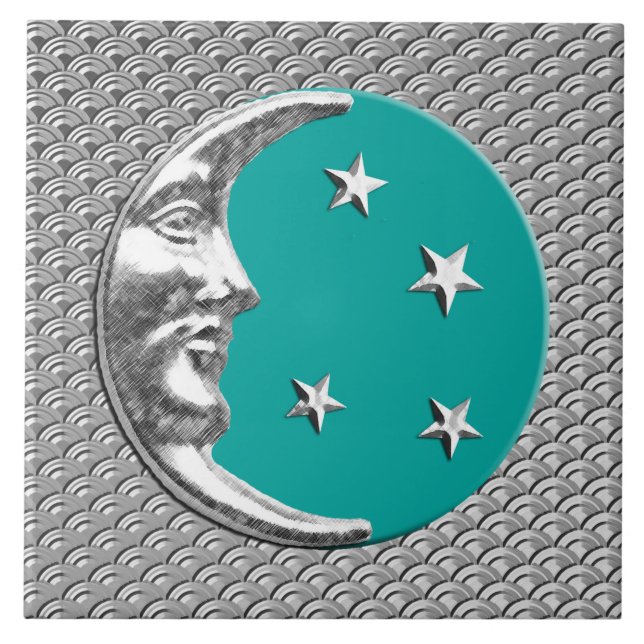 Azulejo Art Deco Luna y estrellas - Turquesa y Plata (Frente)