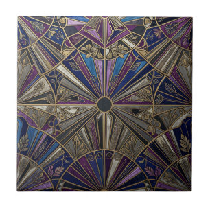 Azulejo Art Deco Morado Dorado Explosión de Sol