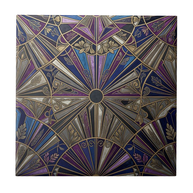 Azulejo Art Deco Morado Dorado Explosión de Sol (Frente)