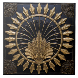 Azulejo Art Deco Negro Y Oro Círculo Lujo