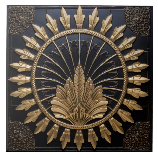 Azulejo Art Deco Negro Y Oro Círculo Lujo (Frente)