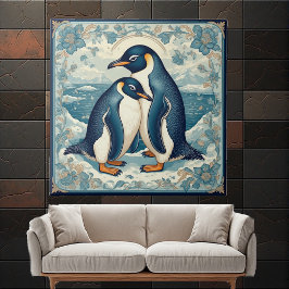 Azulejo Art Deco Penguin Ice Bird Couple Snow Ocean Floral