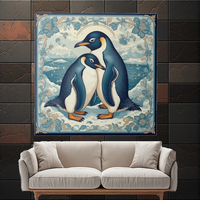 Azulejo Art Deco Penguin Ice Bird Couple Snow Ocean Floral (Art Deco Penguin Ice Bird Couple Snow Ocean Floral Ceramic Tile)