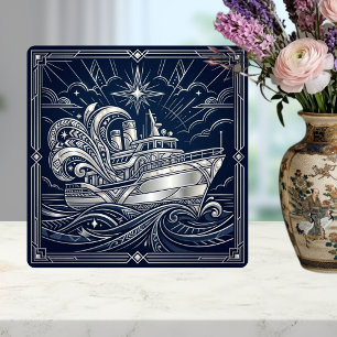 Azulejo Art Deco Plata barco Olas del Océano Noche Estrell